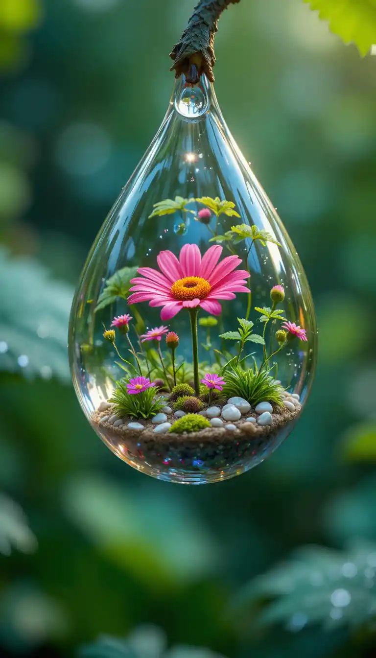 Crystal water droplet terrarium on a green leaf after rain