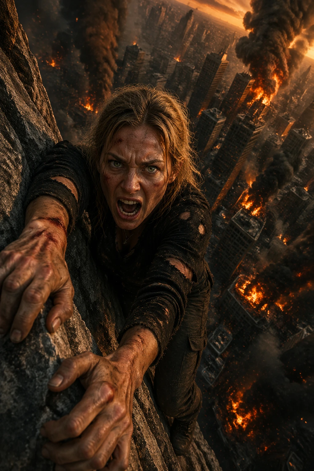 Woman clinging to cliff above burning city at sunset