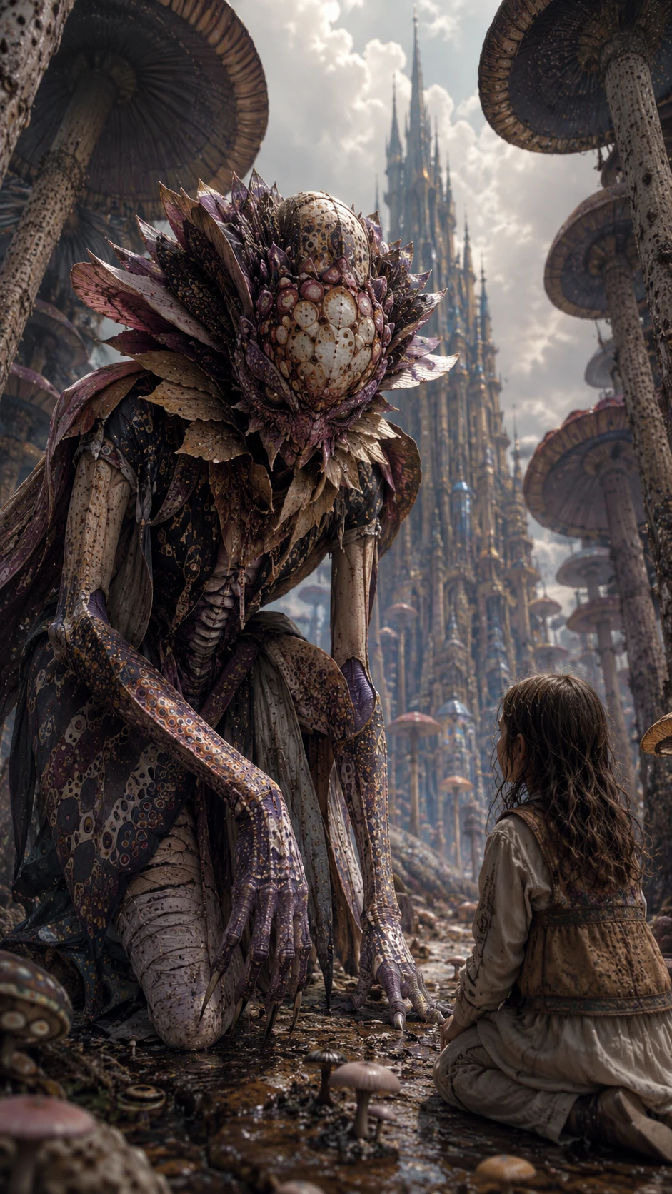 Humanoid petal faced creature kneeling before a small child