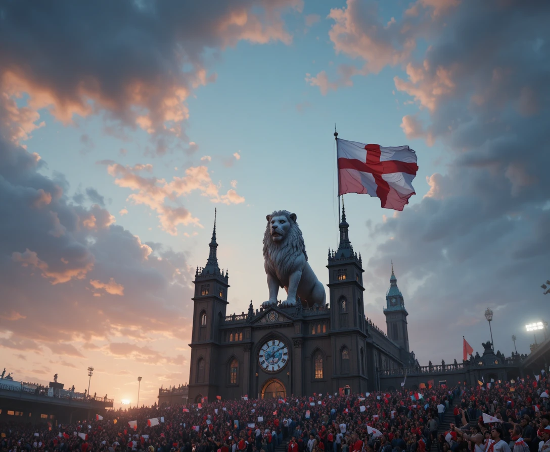 Majestic lion above gothic football stadium at twilight