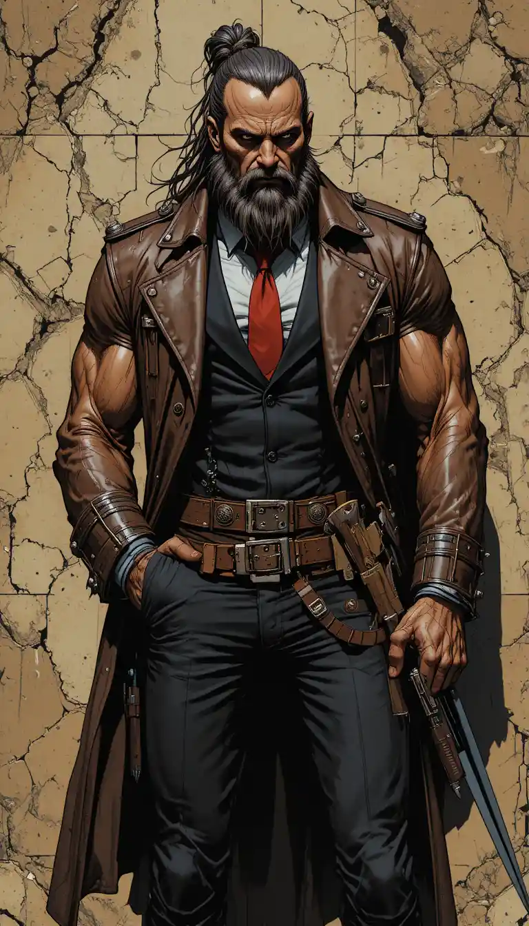 Alien warrior in suit and trench coat against earthy wall