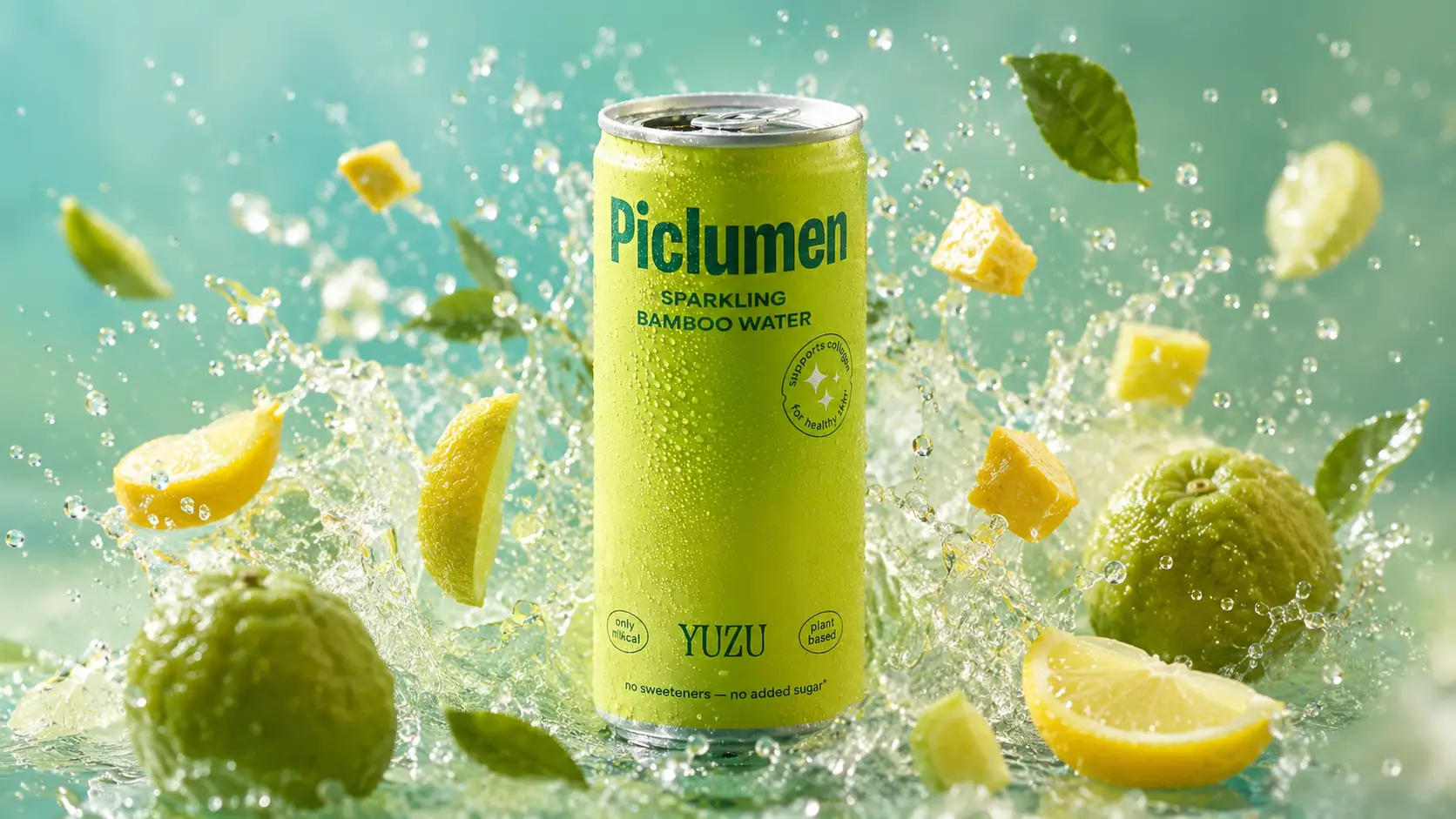 Metallic sparkling water can with splashing water and fruit