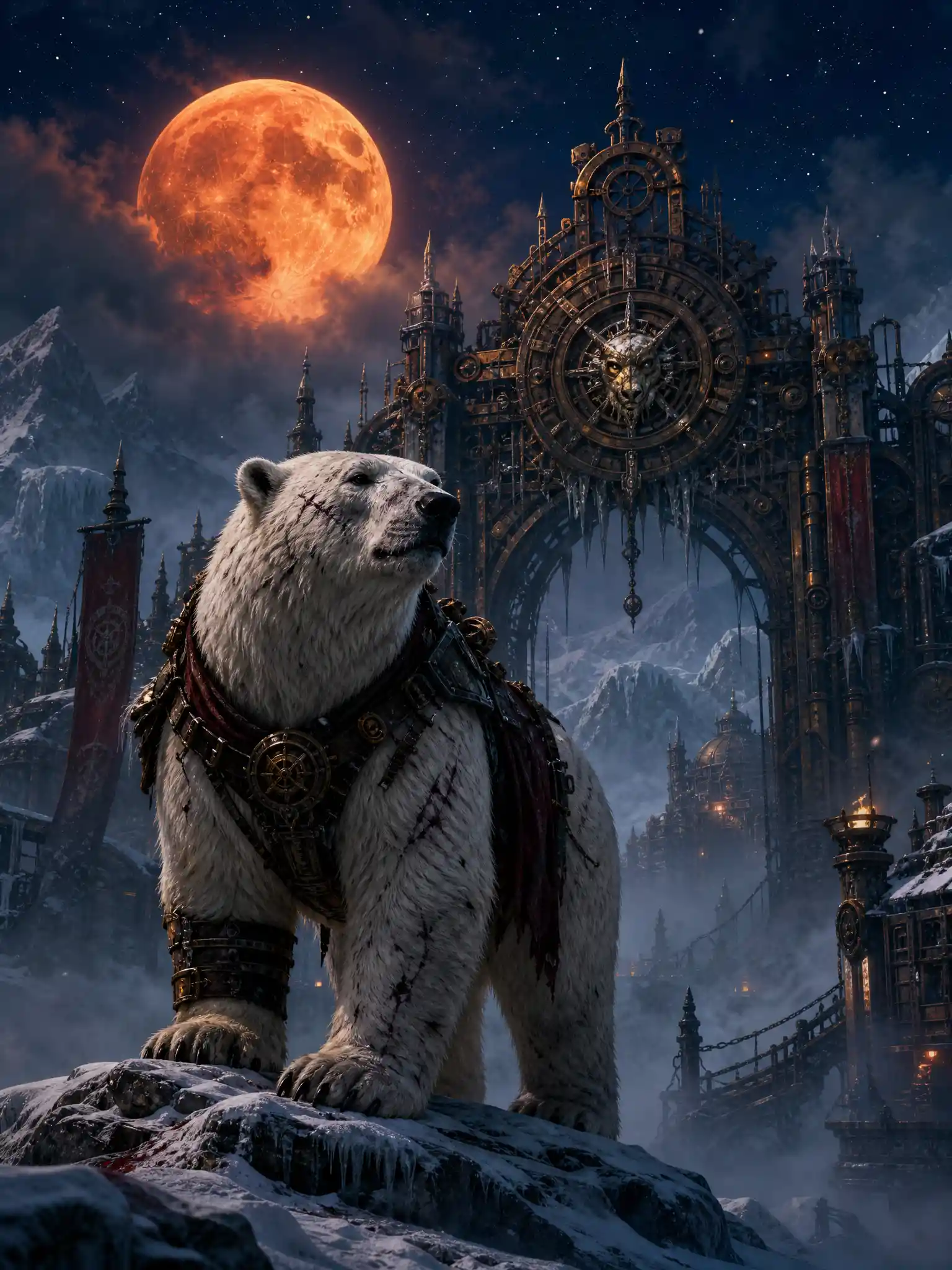Battle hardened polar bear beneath a blazing full moon