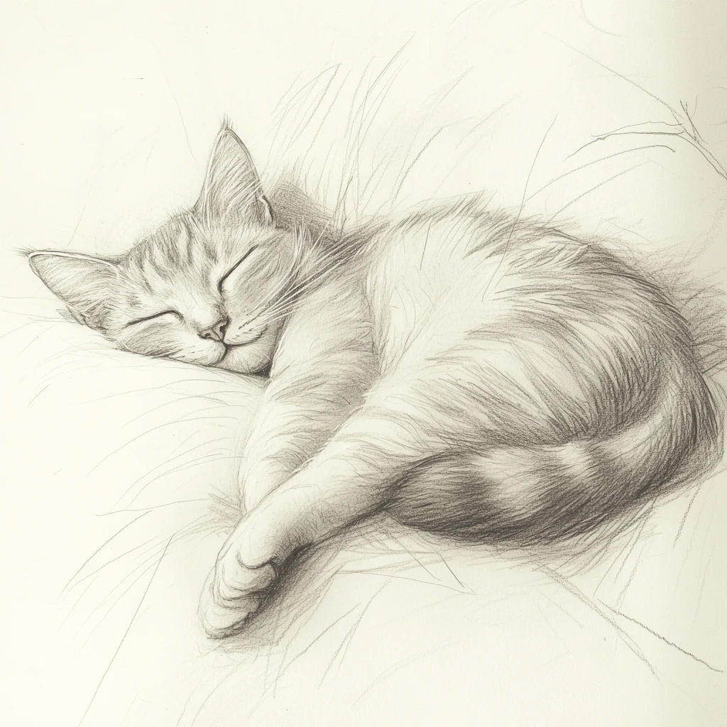 Relaxed pencil sketch of a stretched domestic cat