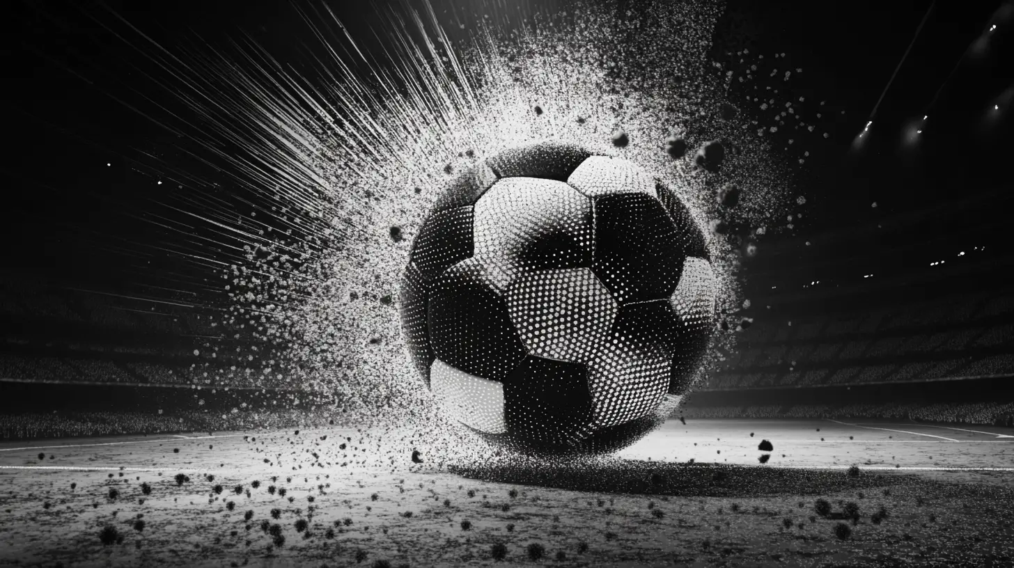 Bola de futebol gigante se abrindo em um campo de estádio com pontos em colapso