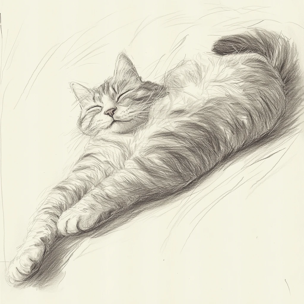 Relaxed Pencil Sketch Of A Cat Resting On Its Side