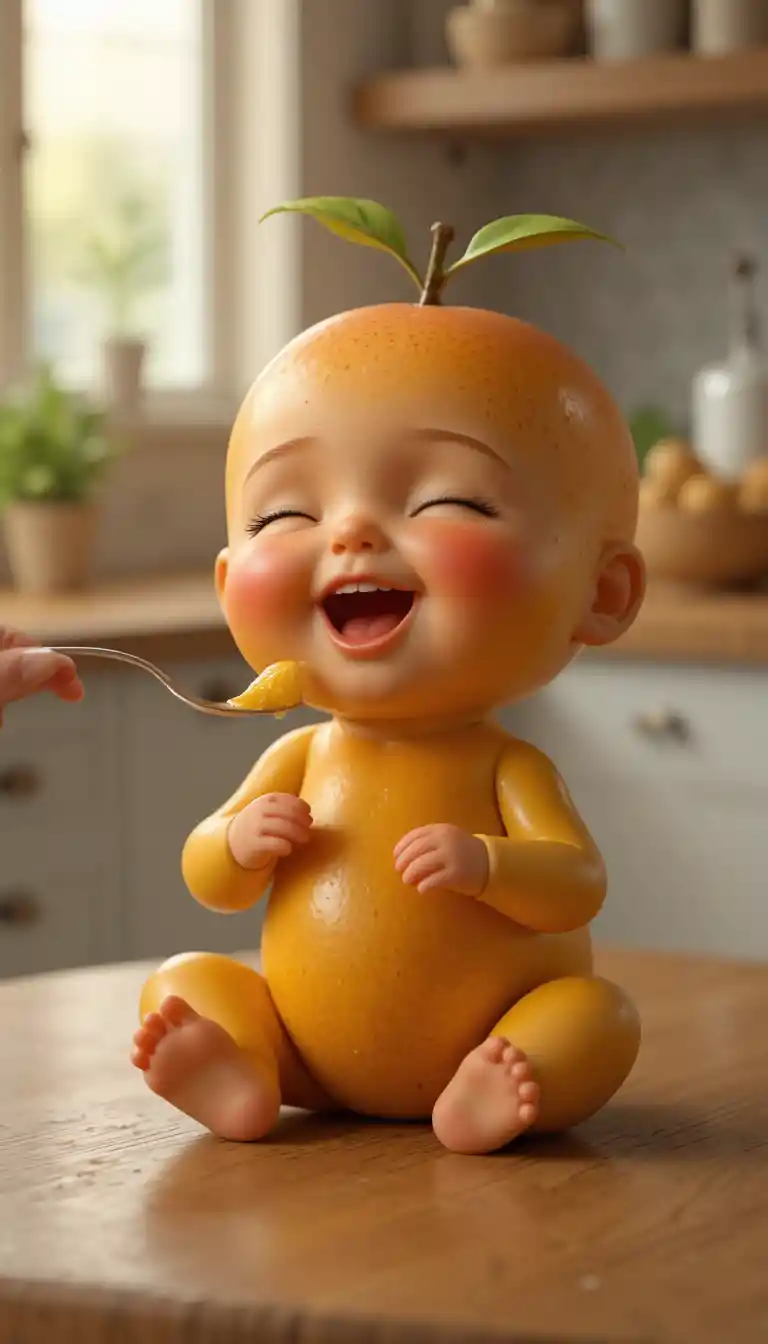 Adorable mango baby being fed at a warm wooden table
