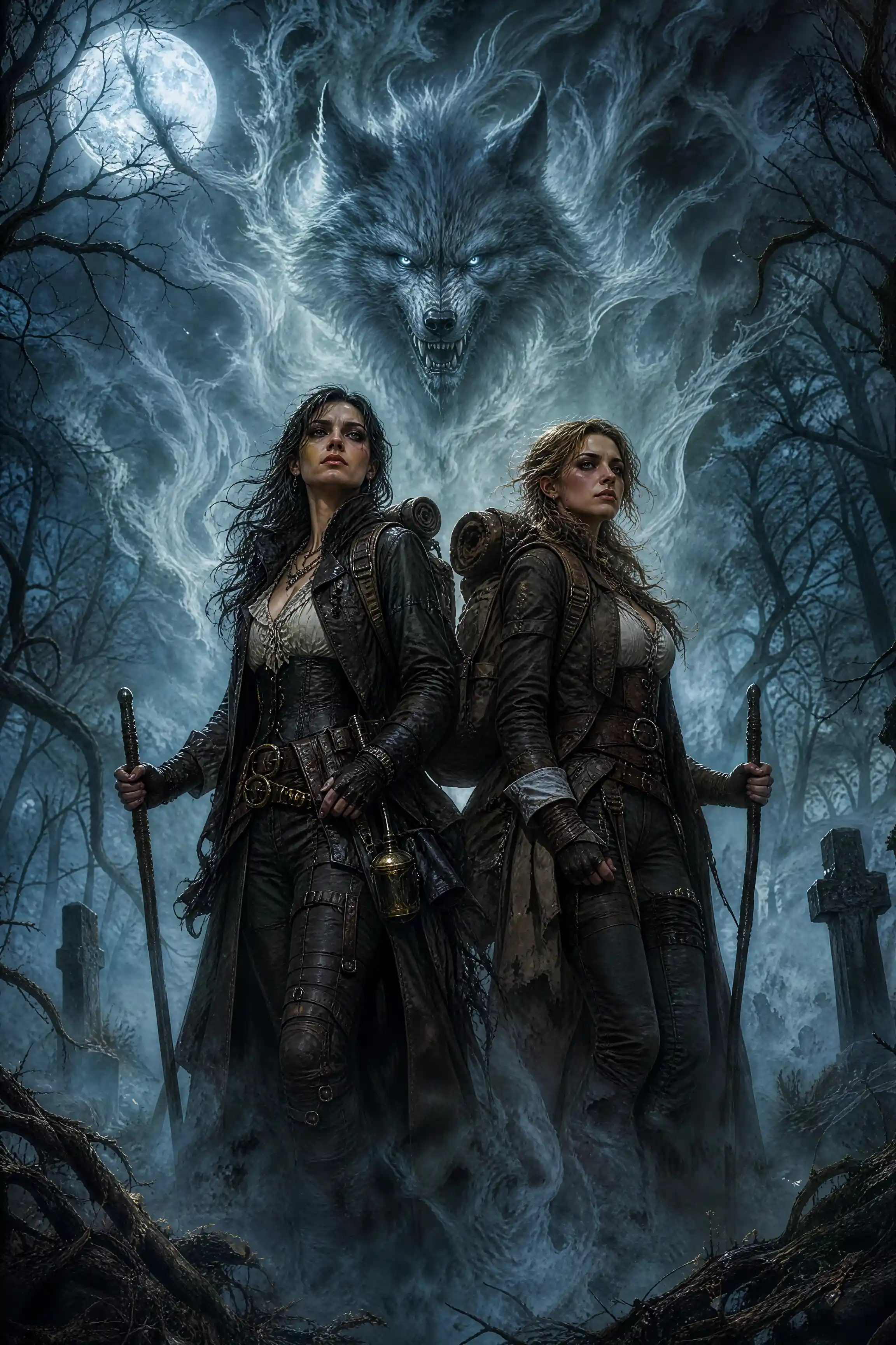 Two female travelers in a moonlit misty forest