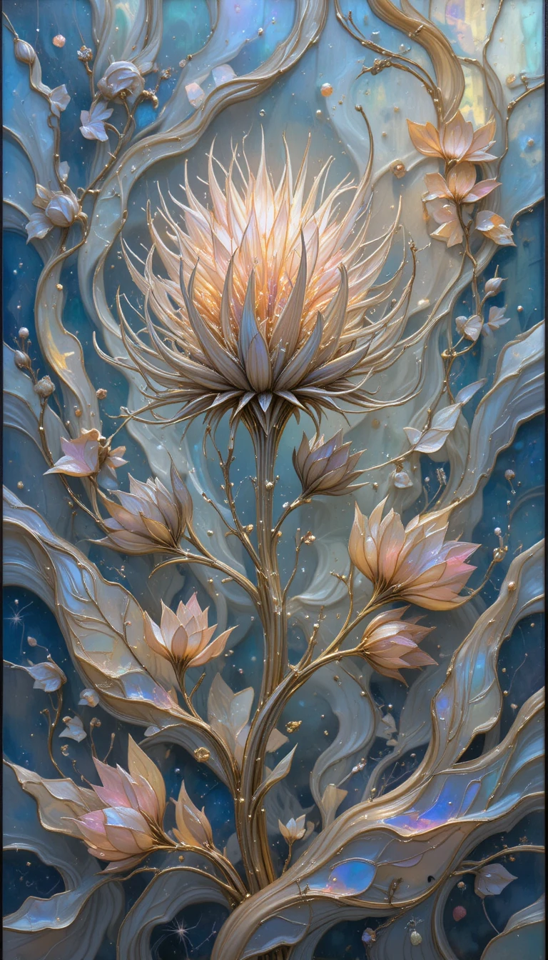 Glowing thistle with carved leaves in fluid pastel glass