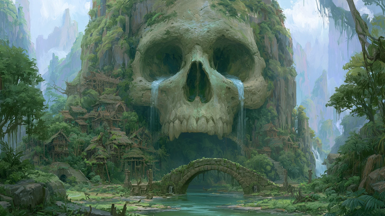 Gigantic Skull Mountain Rising Above A Lush Jungle River
