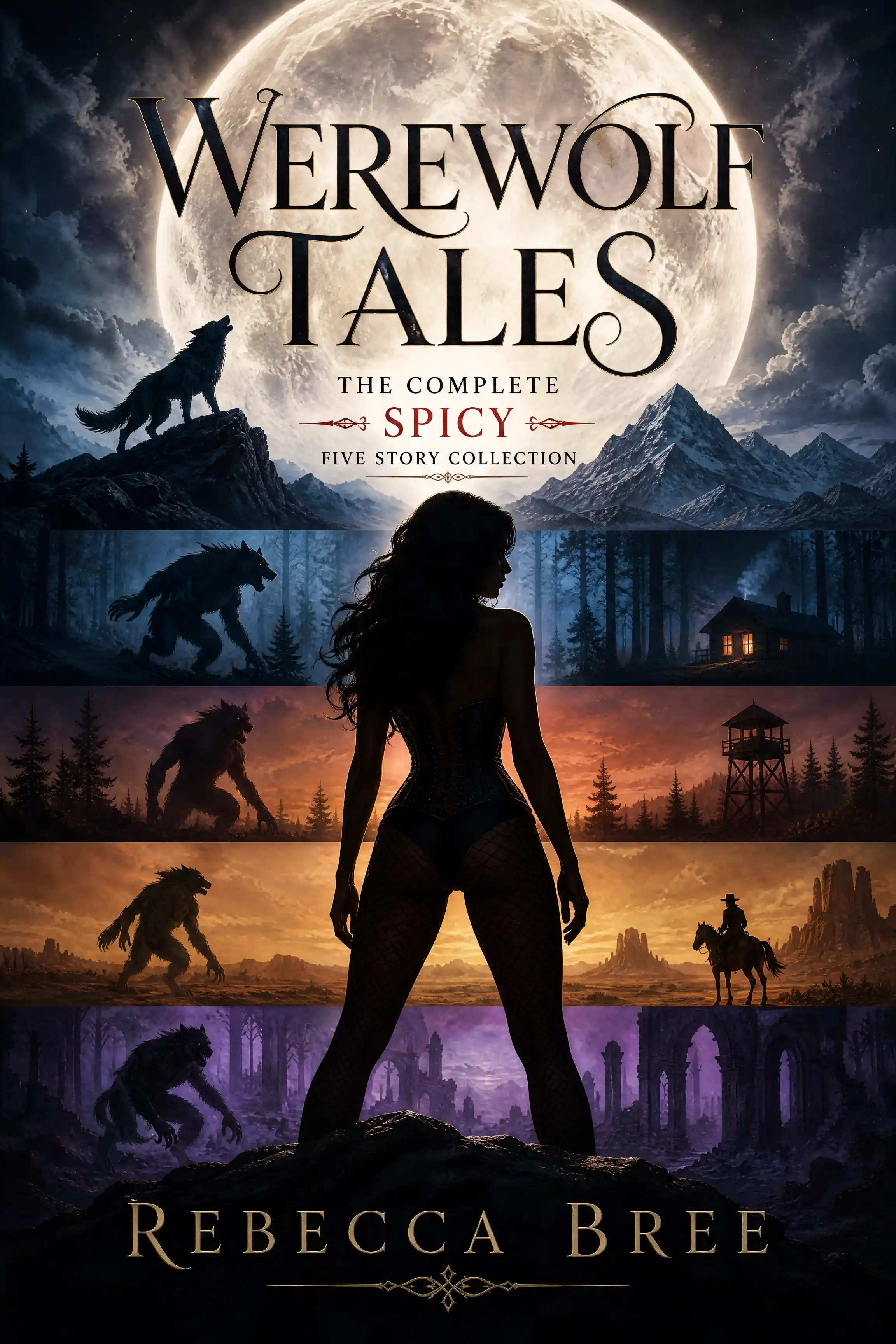 Werewolf moonlit anthology cover with towering female silhouette