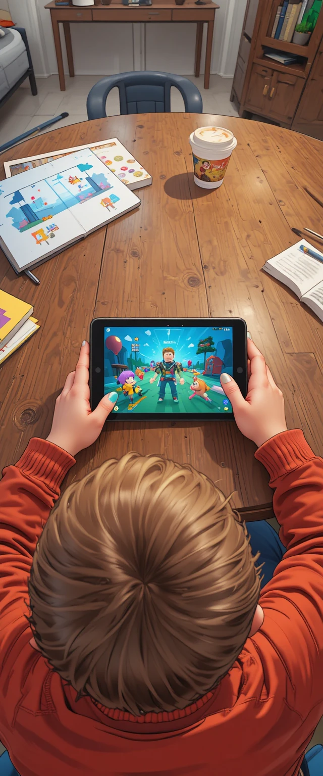 Top down view of a child playing on a tablet