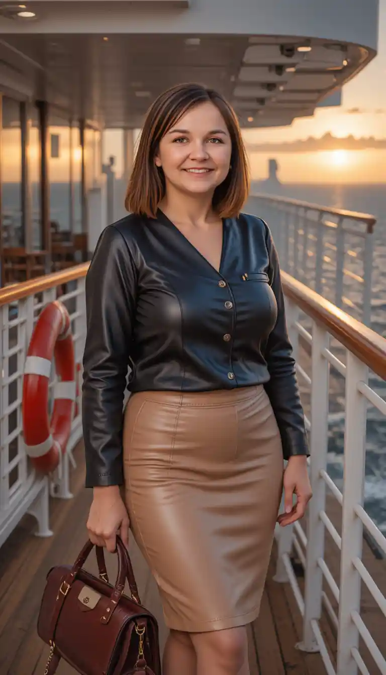 Confident mature woman on cruise ship at warm sunset