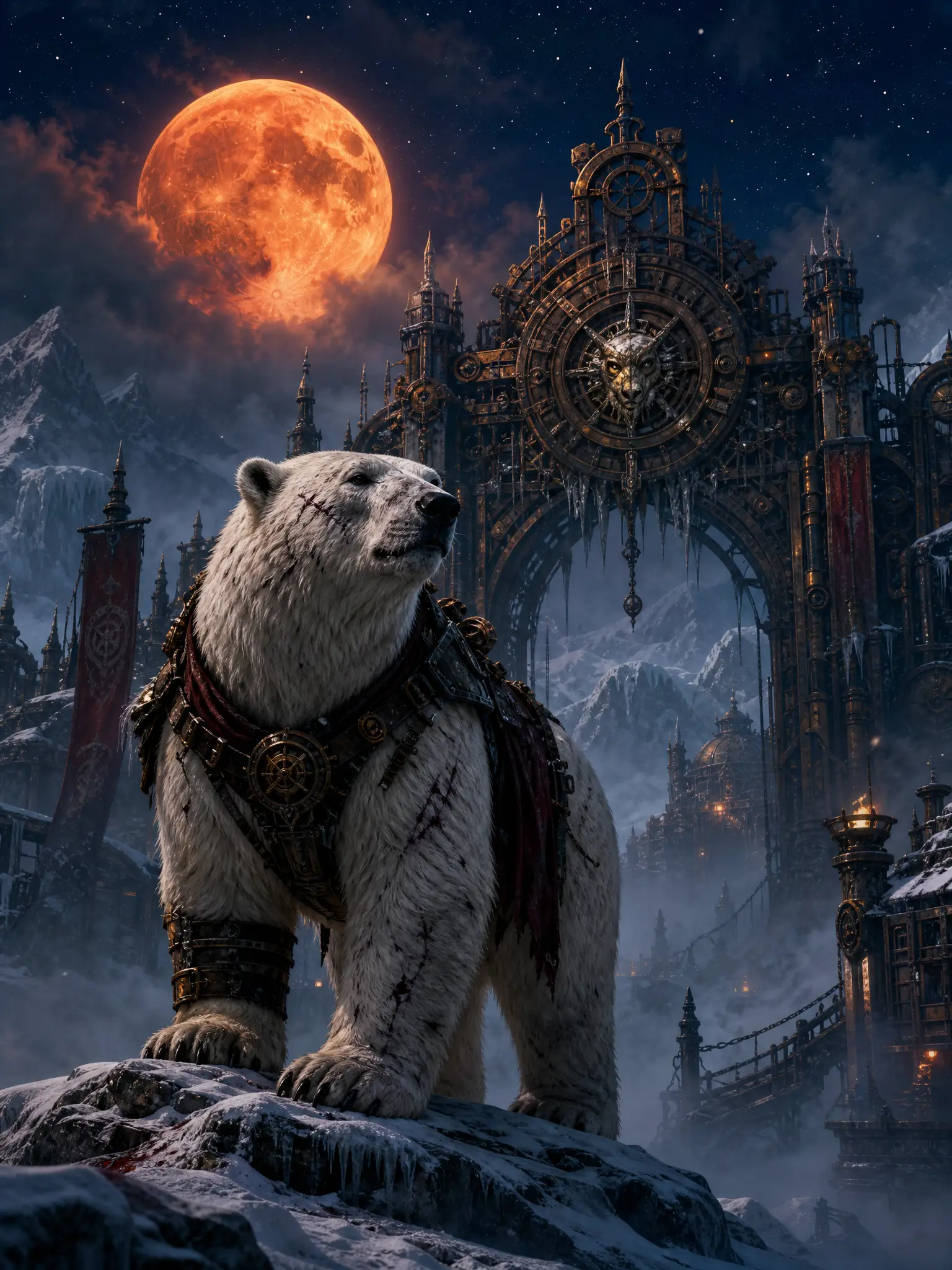 Battle hardened polar bear beneath a blazing full moon