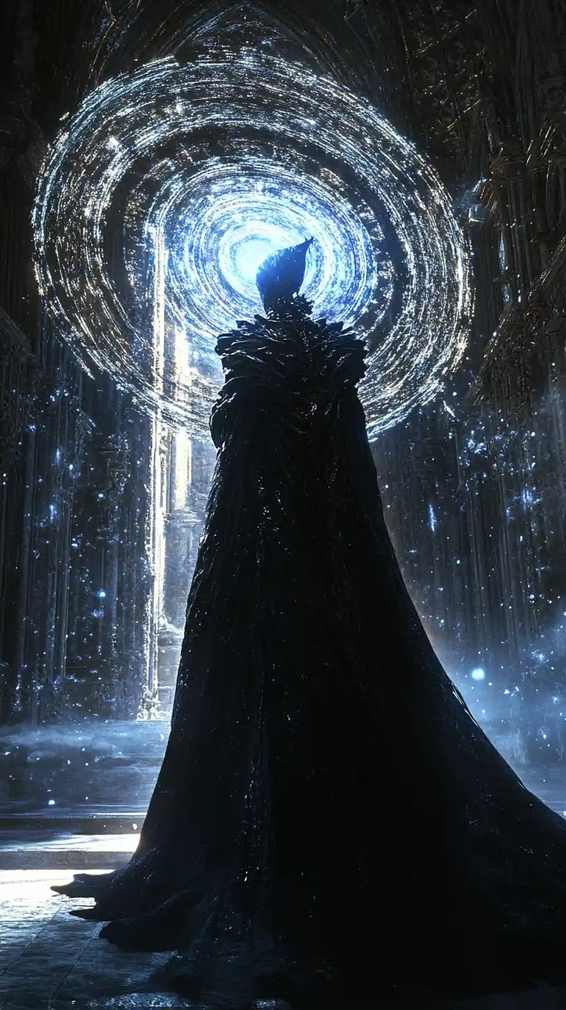 Dark figure with glowing chest revealing spiral cathedral vortex