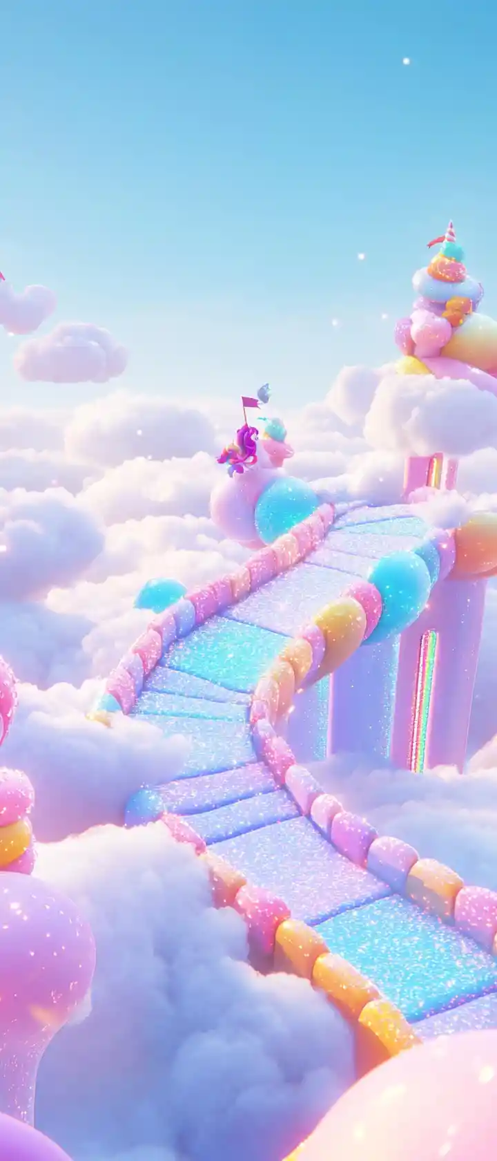 Unicorn Crossing A Floating Rainbow Candy Racetrack