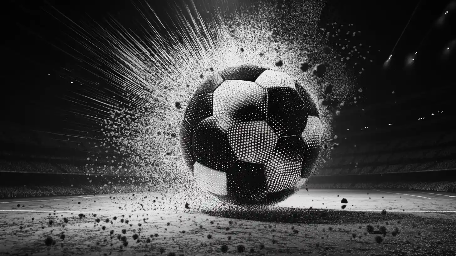Giant soccer ball opening on a stadium field with collapsing dots