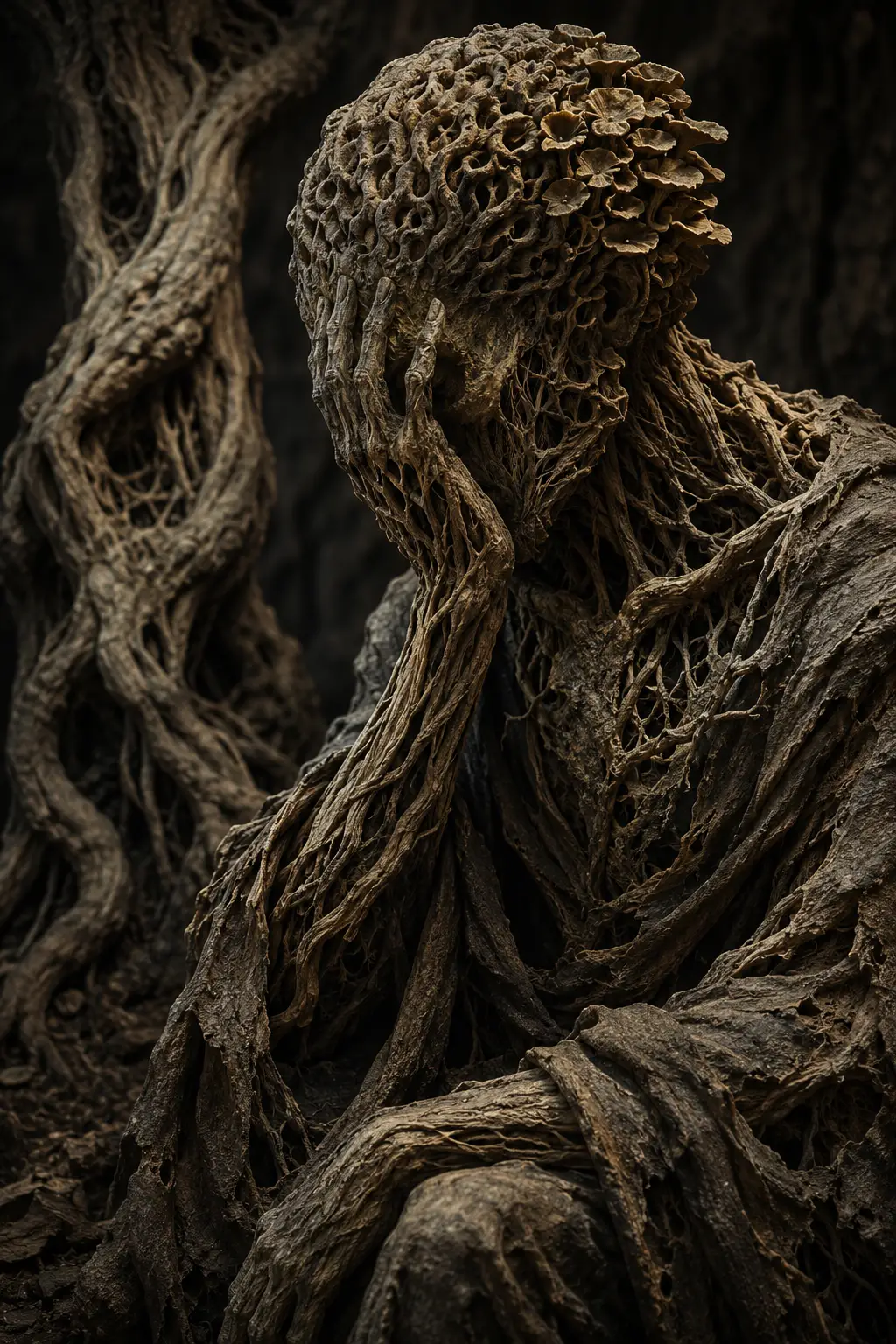 Contemplative Root Creature In Dark Organic Environment
