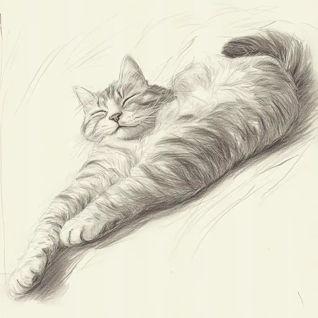 Relaxed Pencil Sketch Of A Cat Resting On Its Side