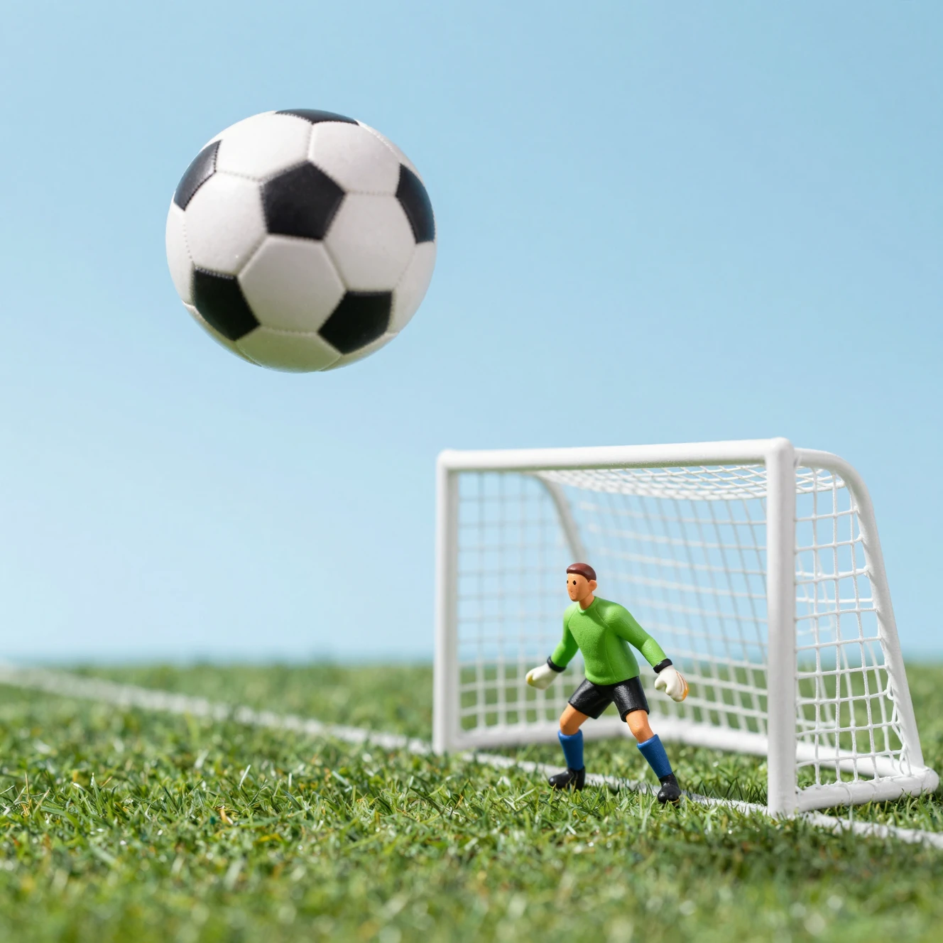 Miniature soccer ball flying toward goal with tiny goalkeeper