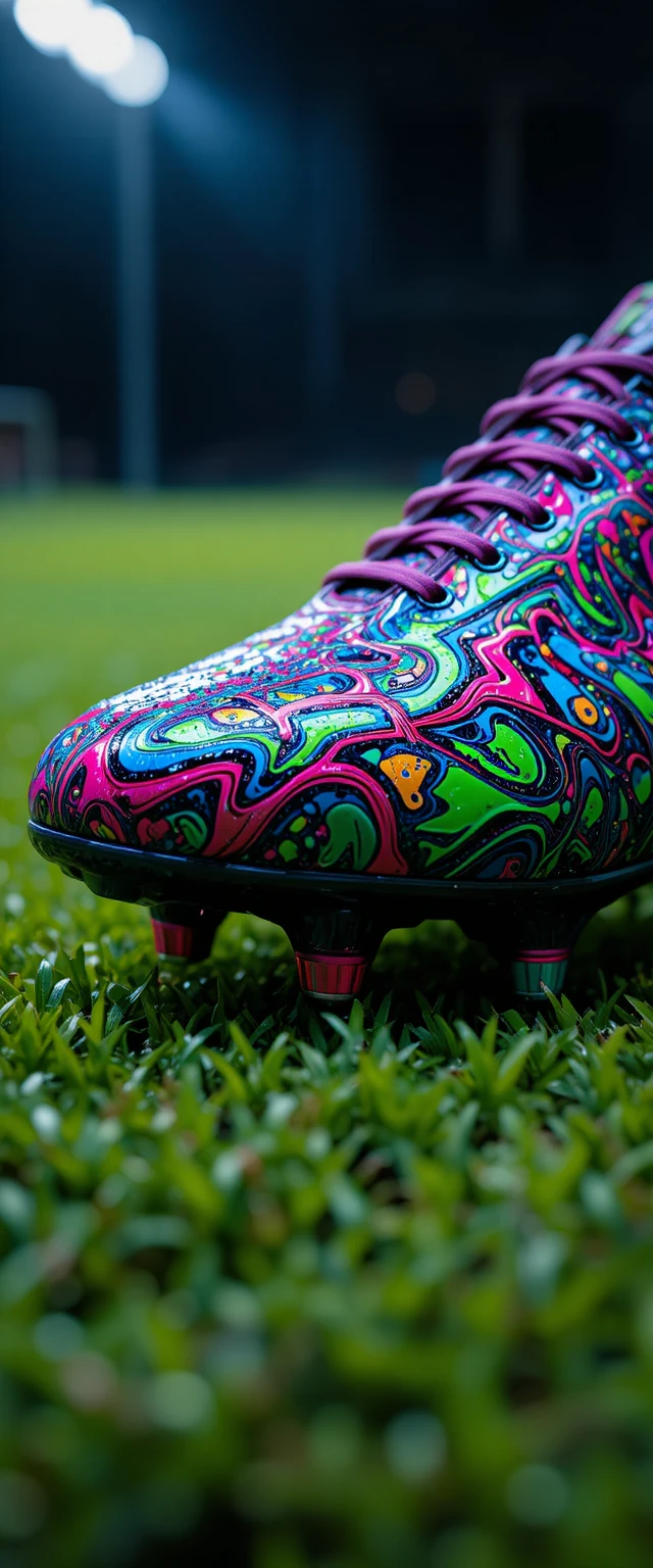 Macro close up of futuristic soccer cleat on wet grass