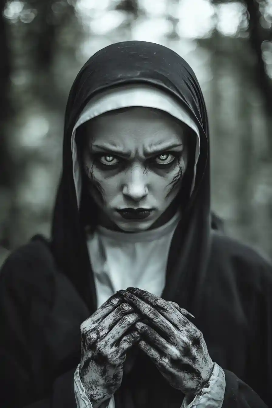 Creepy nun with cracked face in a dark forest