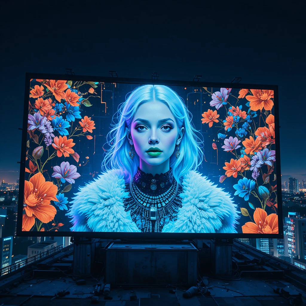 Neon billboard portrait above a futuristic city skyline