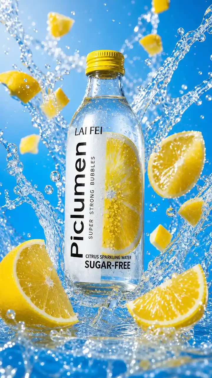 Refreshing beverage bottle with water splashes and fruits