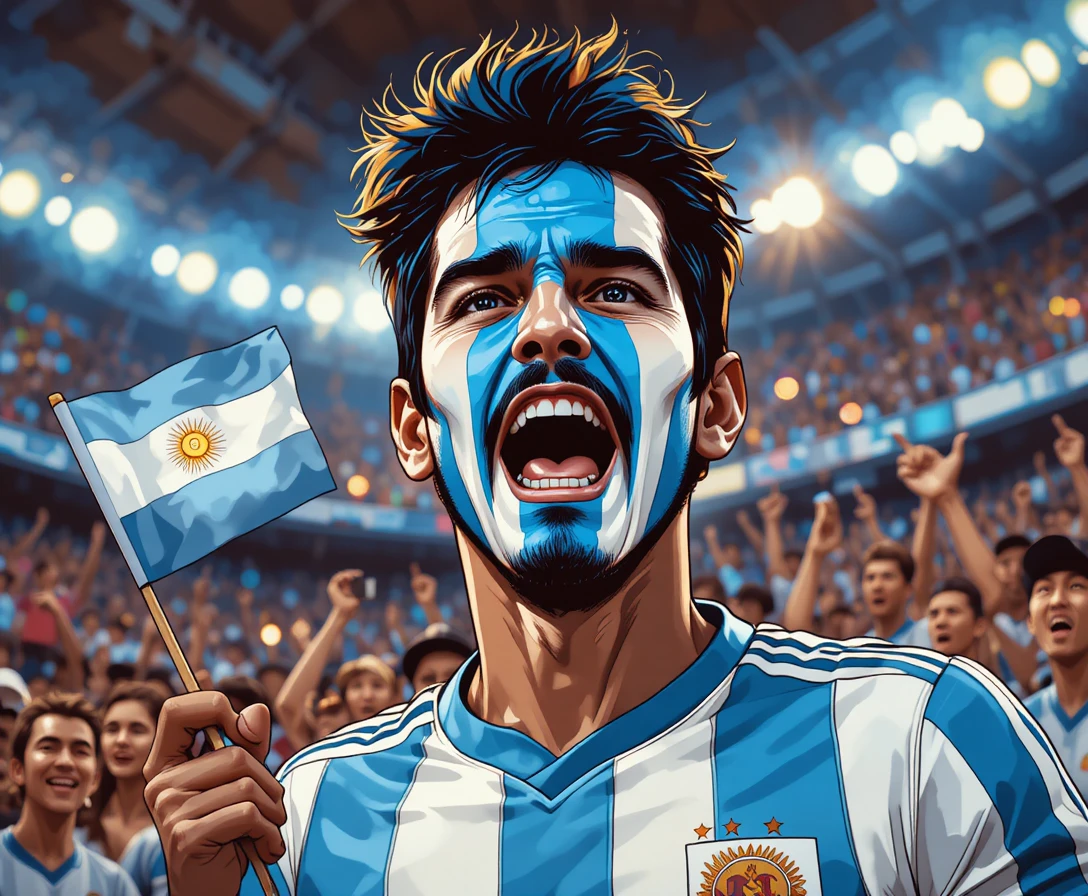 Argentinian football fan portrait under bright stadium lights