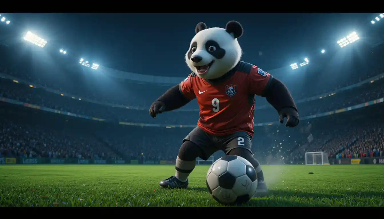 Giant panda soccer player on a glowing stadium field