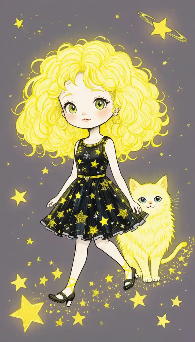 Little girl and neon cat walking among stars in space
