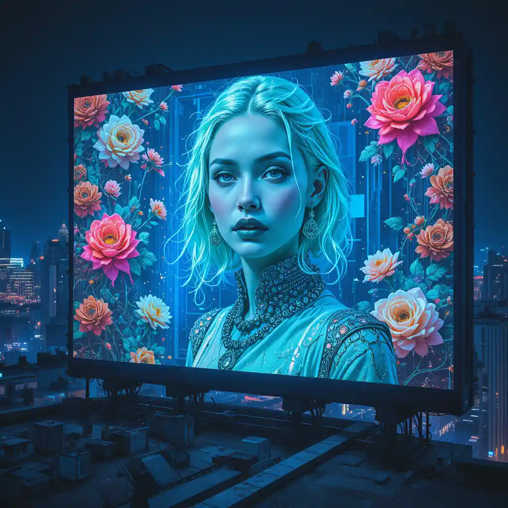 Neon billboard portrait above a futuristic city skyline
