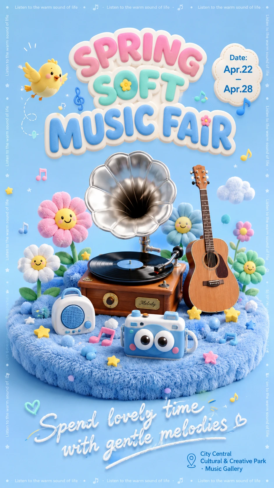 Póster de feria de música de primavera con plataforma azul esponjosa y tocadiscos de vinilo