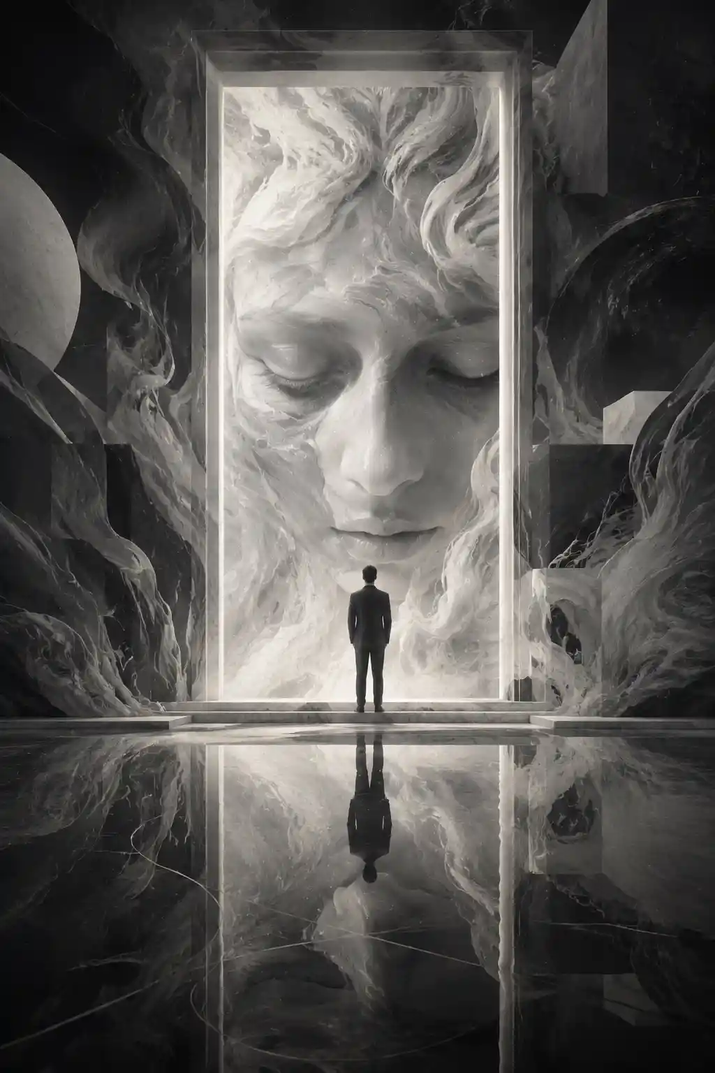 Man Before A Colossal Face In Surreal Monochrome Portal