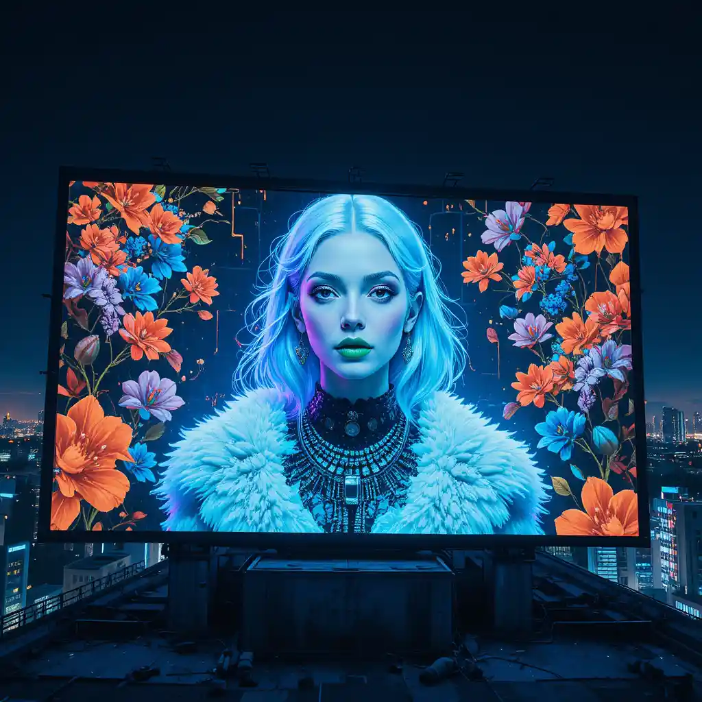 Neon billboard portrait above a futuristic city skyline