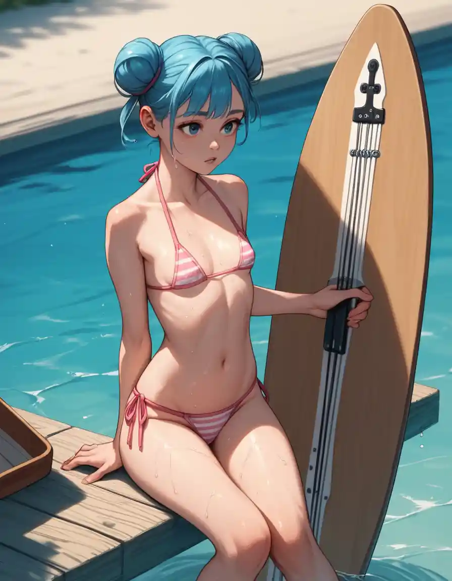 Blue haired anime girl paddling on a board in water