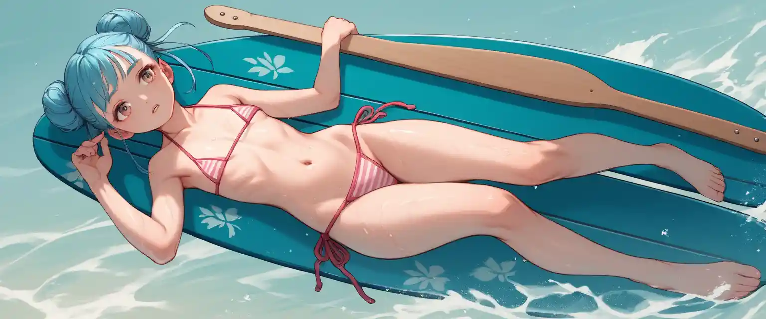 Blue haired girl kneeling on paddle board in calm water