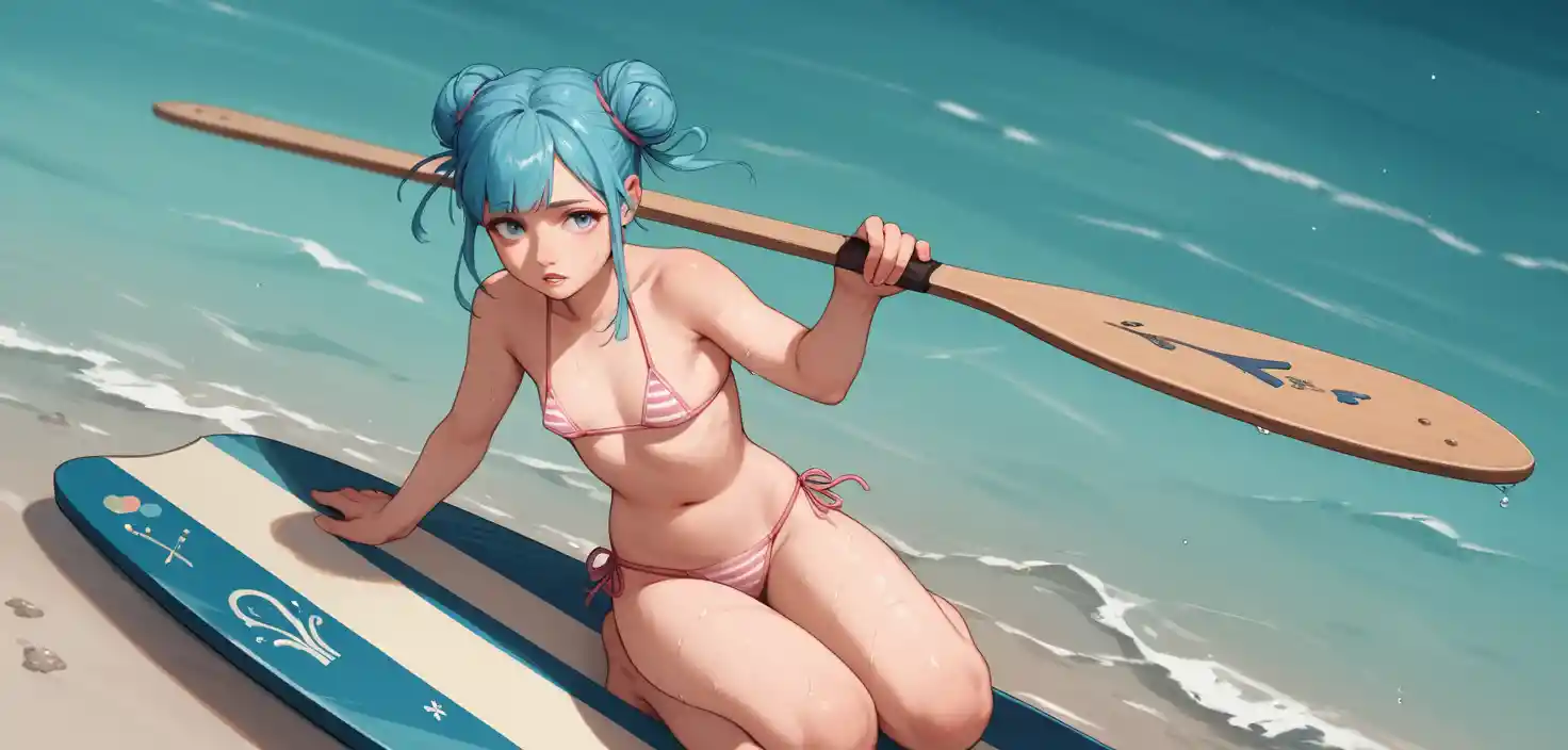 Blue haired anime girl kneeling on a paddle board