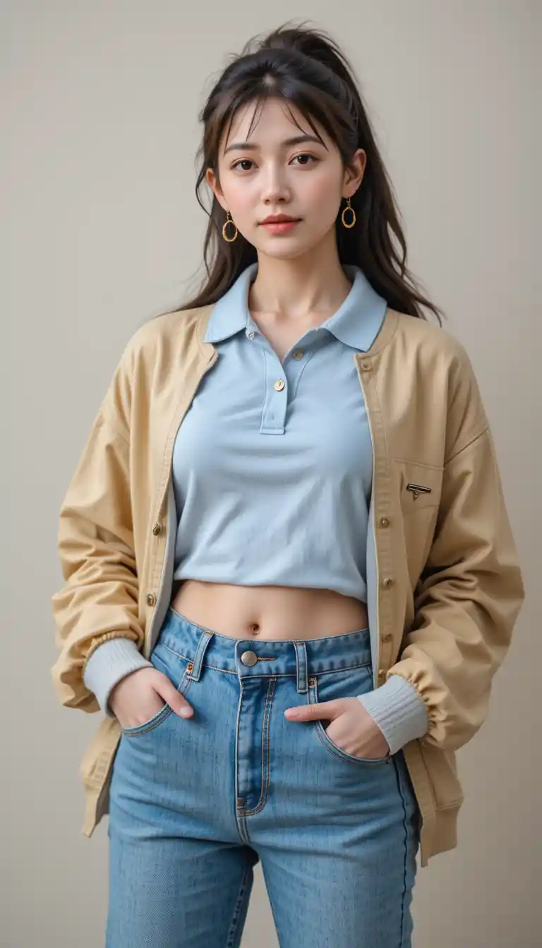 Woman in oversized polo shirt with hands in jeans pockets