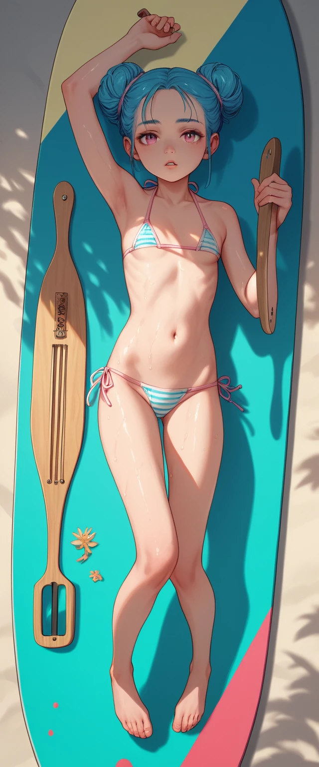 Blue haired girl kneeling on paddle board over calm water