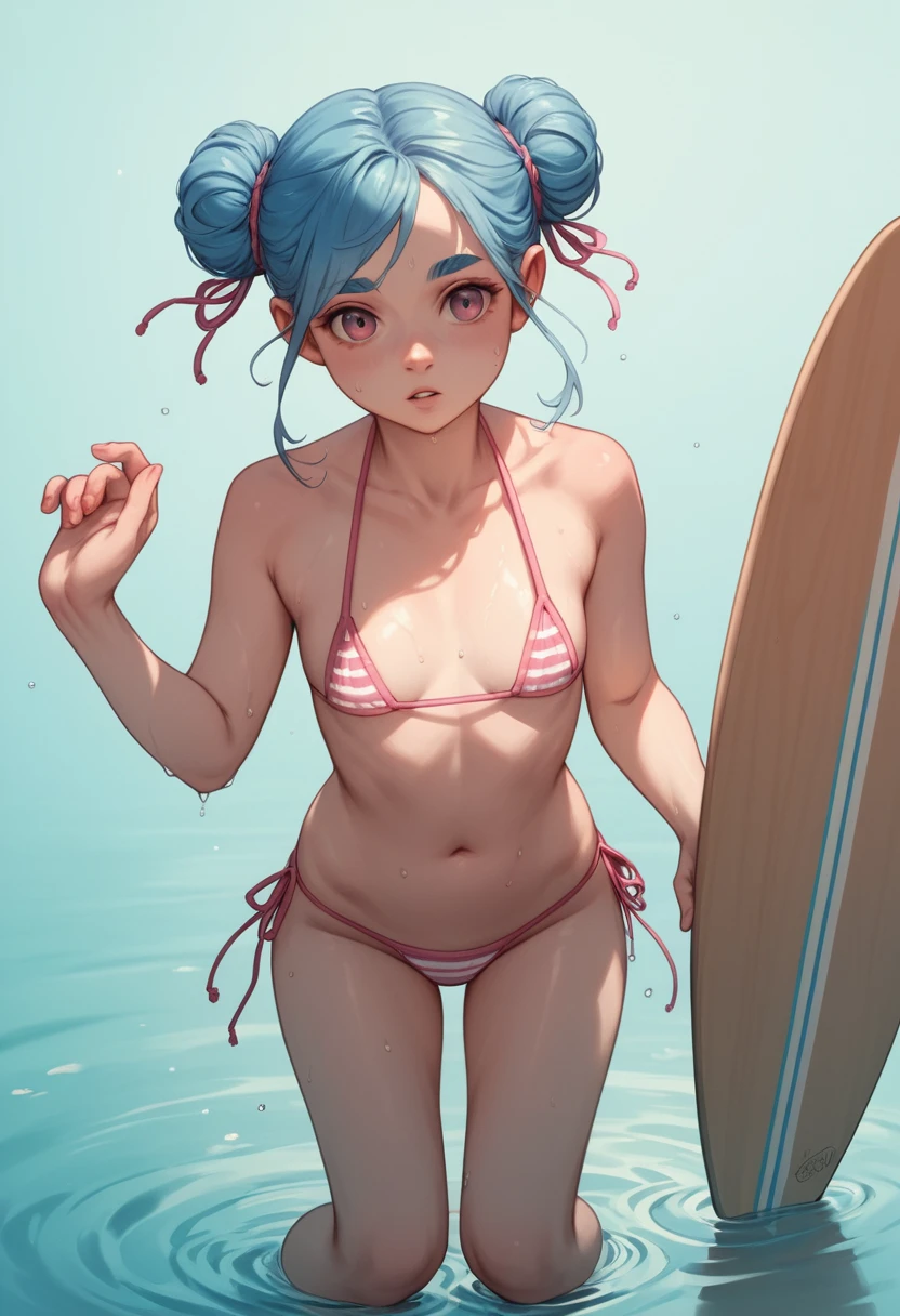 Blue haired anime girl paddling on a calm water board