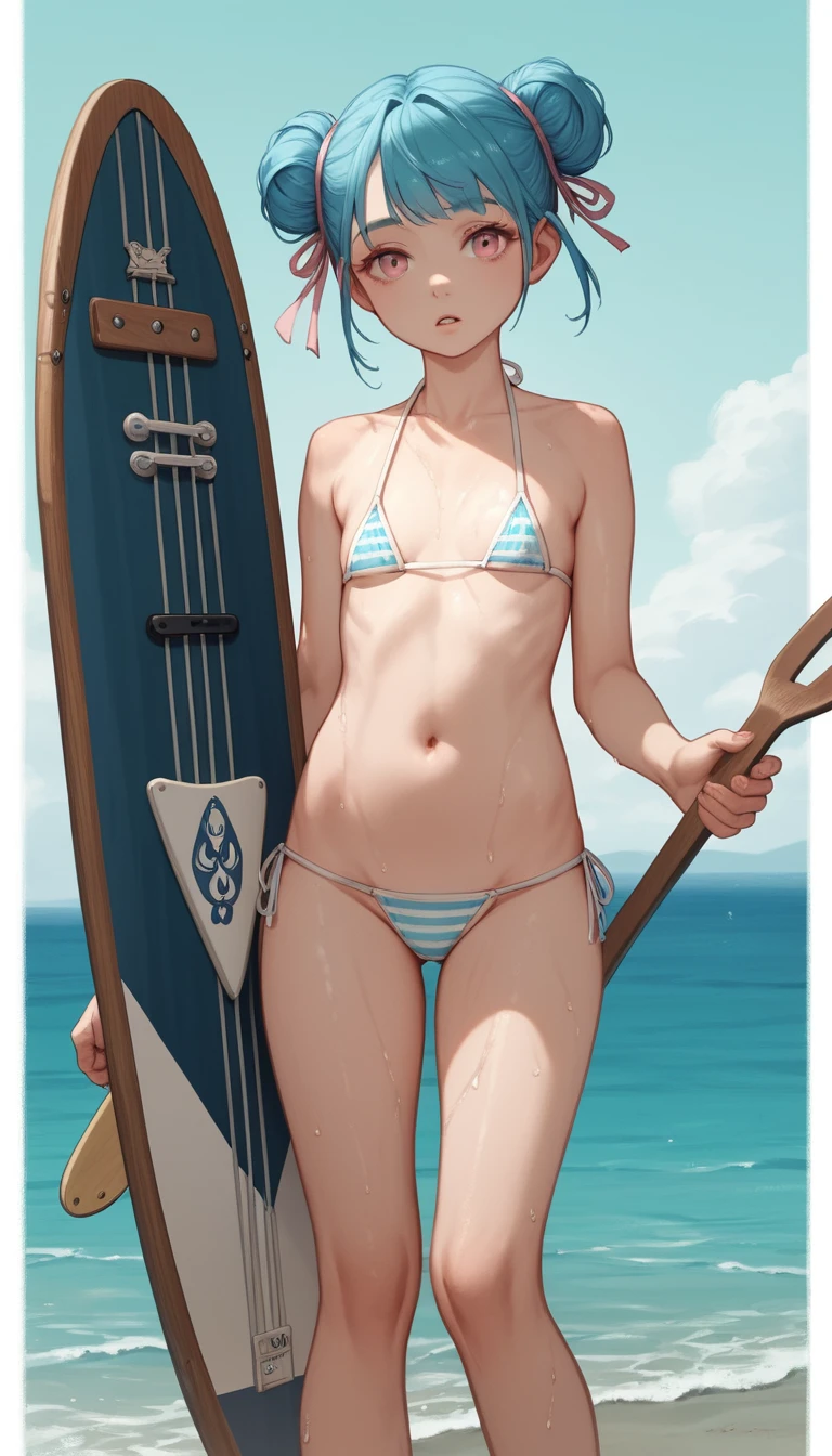 Blue haired anime girl kneeling on a paddle board