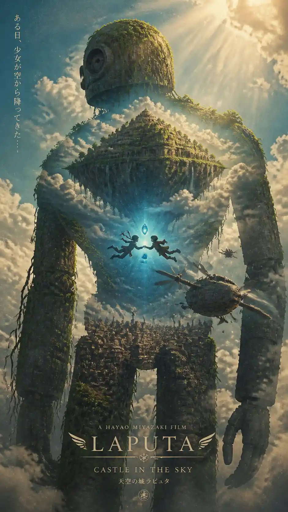Giant robot silhouette framing a floating island in the sky