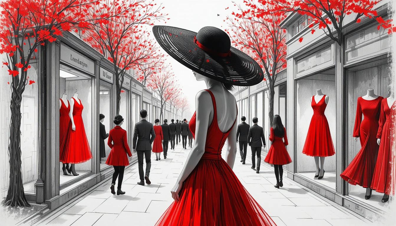 Elegante donna in abito rosso in una strada cittadina stilizzata