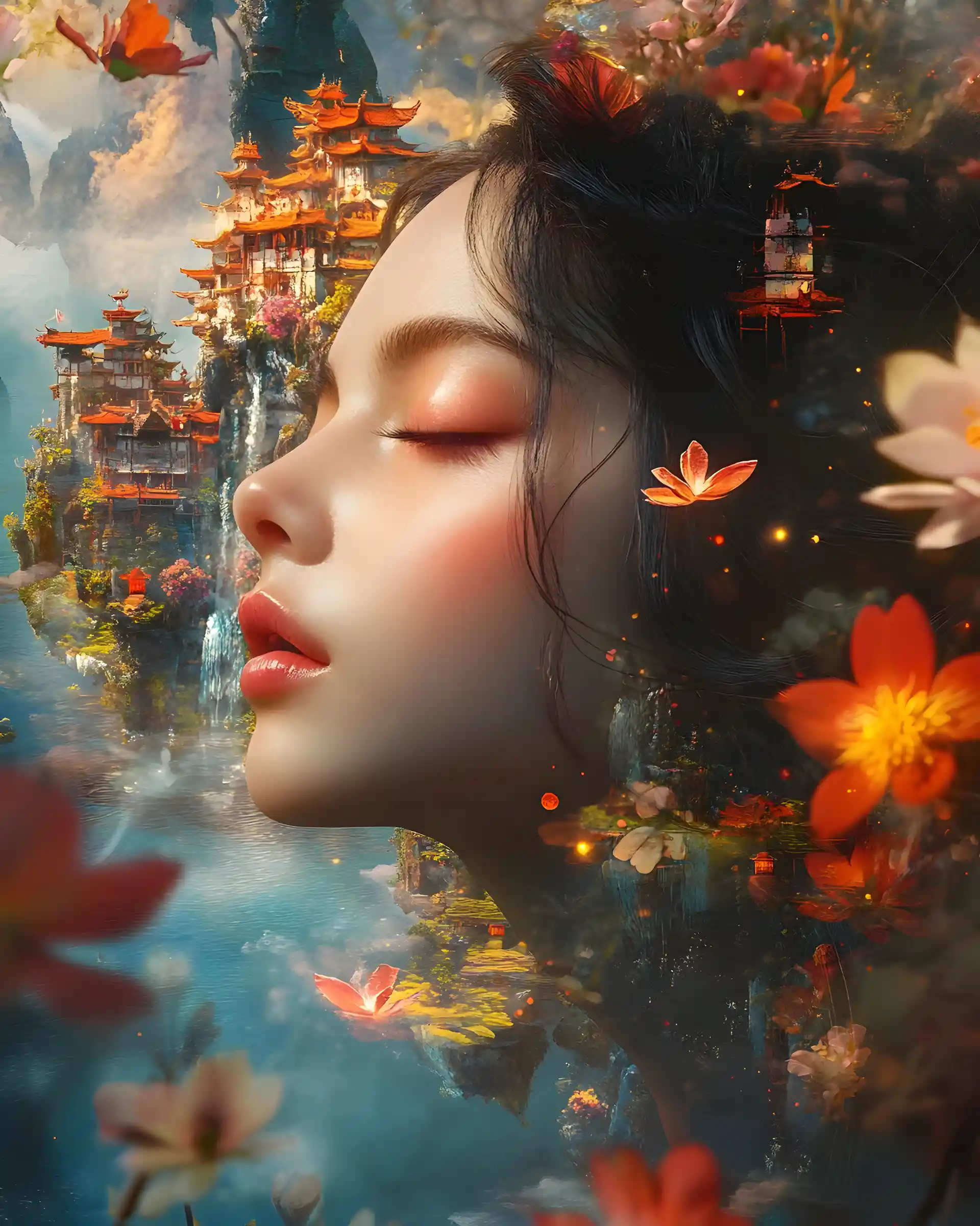 Ethereal Woman Above Floating Islands In Golden Sunlight