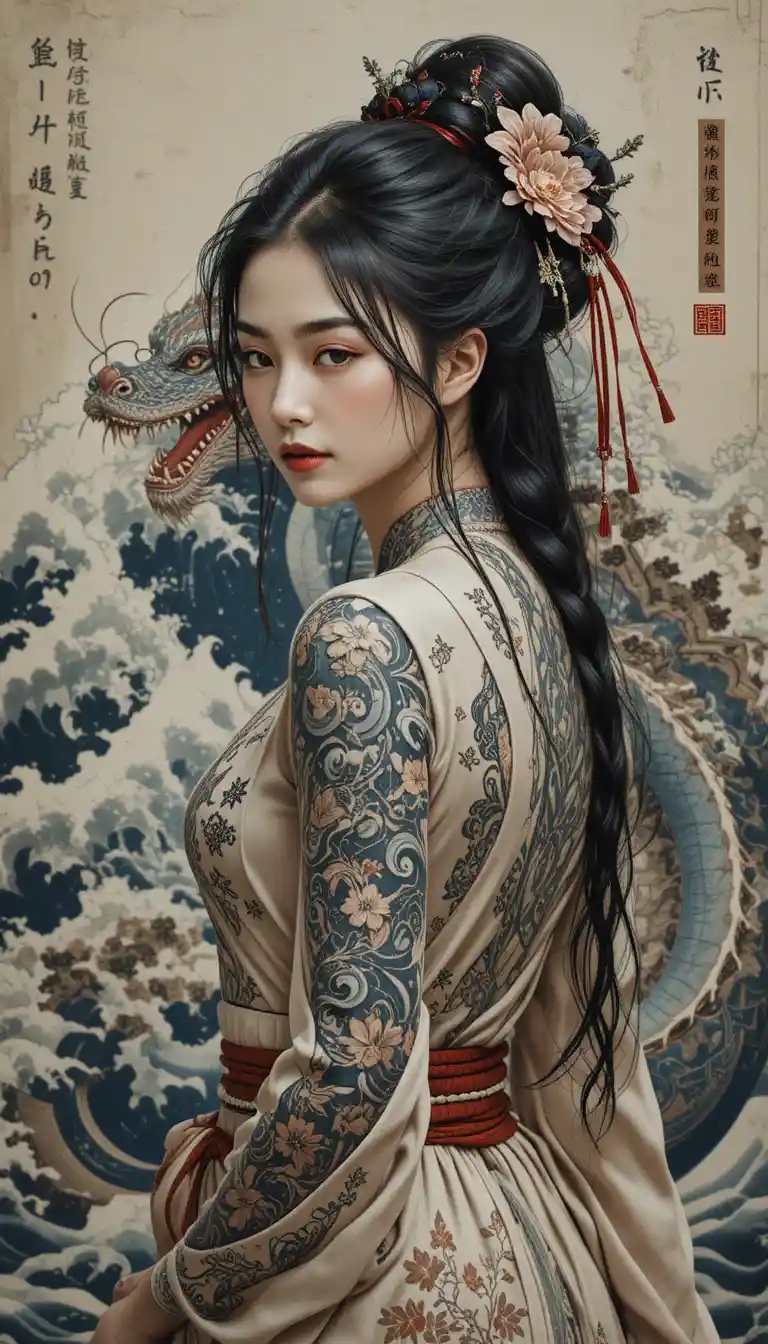 Asian woman with dragon tattoo and Hokusai wave backdrop