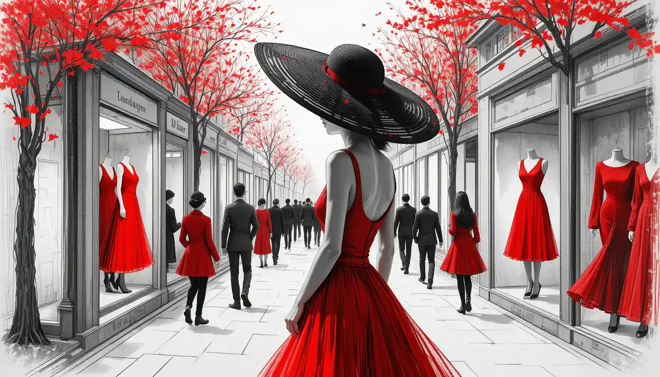 Elegant woman in red dress on stylized city street