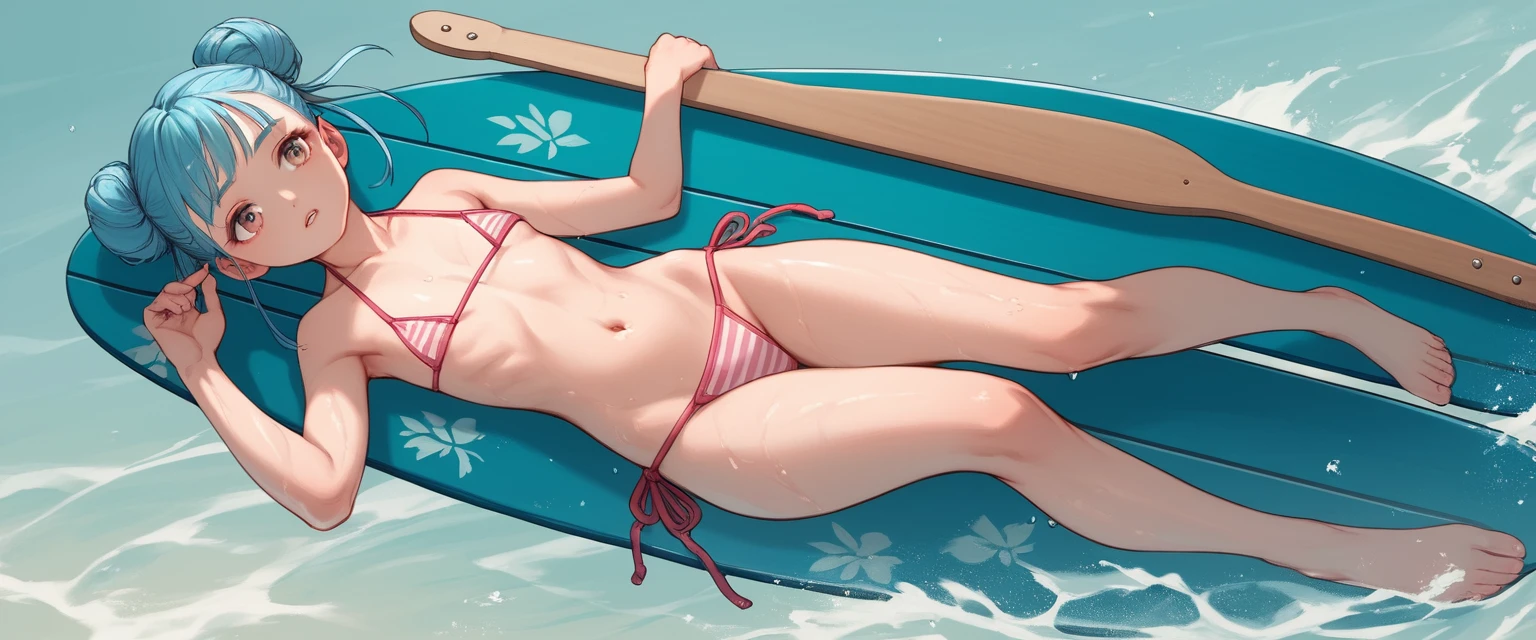 Blue haired girl kneeling on paddle board in calm water