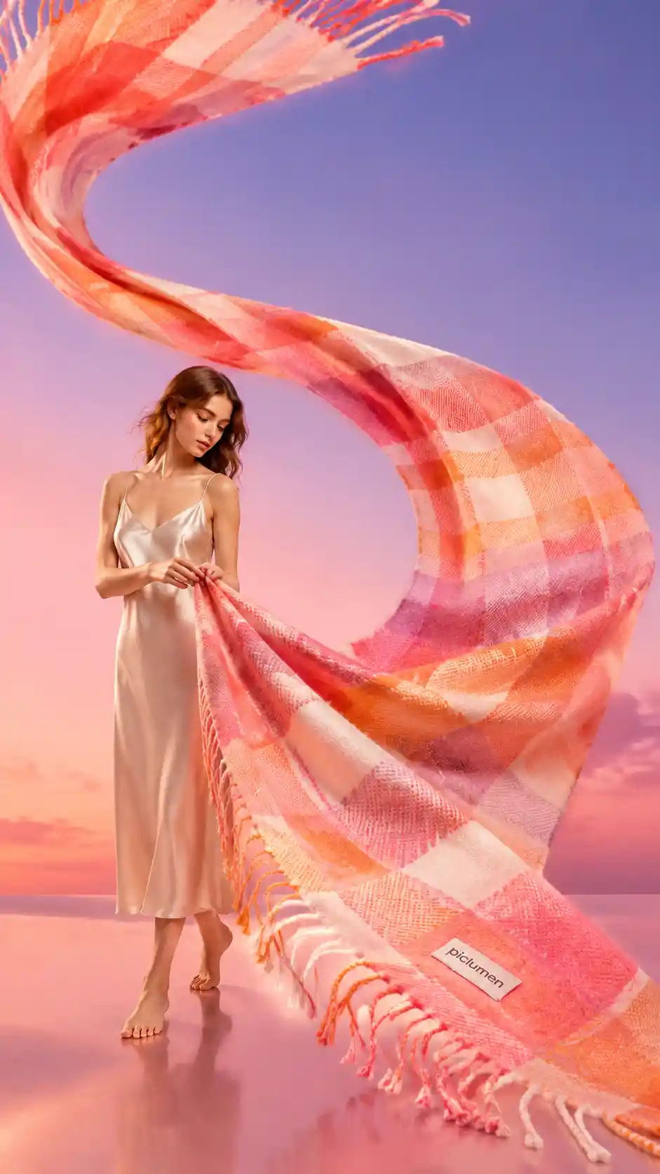 Elegant woman with flowing plaid scarf in pastel sky