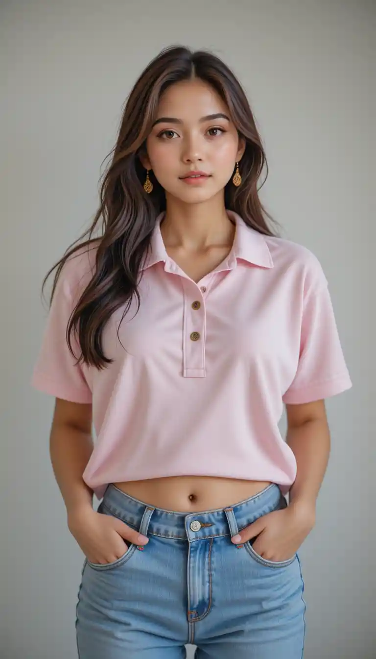 Smiling woman in oversized polo shirt and jeans